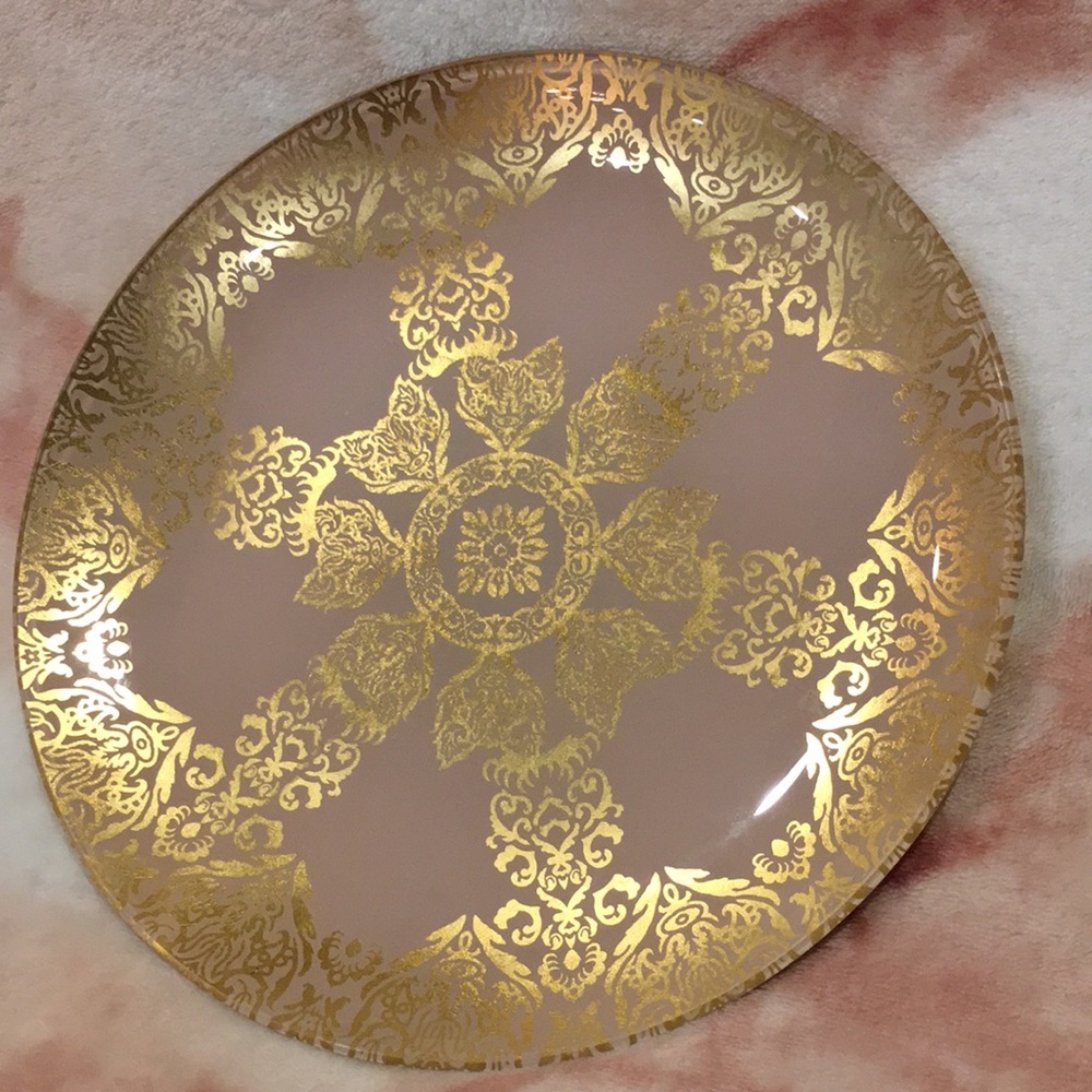 Elizabeths Embellishments Gold Guilded Pink Baroque Tea Plate NWOT 9.75” across